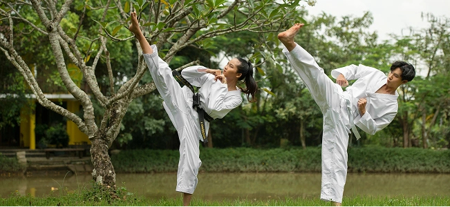 Two martial arts practitioners performing high kicks during an outdoor training session surrounded by nature.